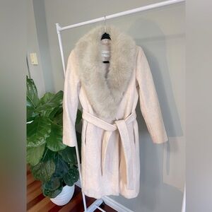 Club Monaco Light Oatmeal Lenoria Wool Coat with Detachable Fur Hood Size Small